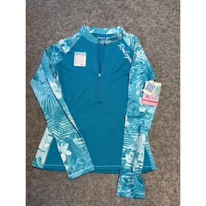 Reel Legends Keep-It-Cool Womens L Teal Tropical 1/4 Zip UPF 50 Sun Shirt NWT‎